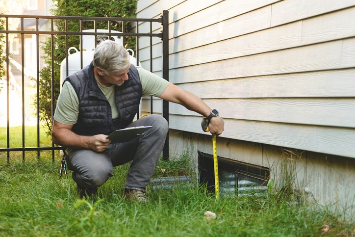 An inspector measuring a foundation vent at a house exterior in Dallas, TX