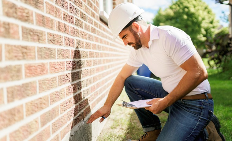 A construction worker is inspecting a foundation wall for damage in Dallas, TX